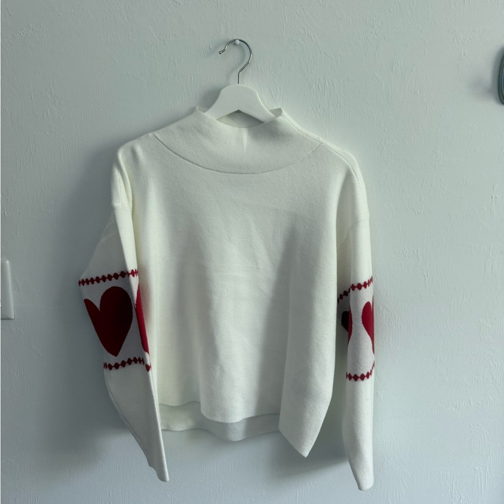 Anthropologie Carys Mock-Neck White Sweater with Red Heart Accents by Maeve